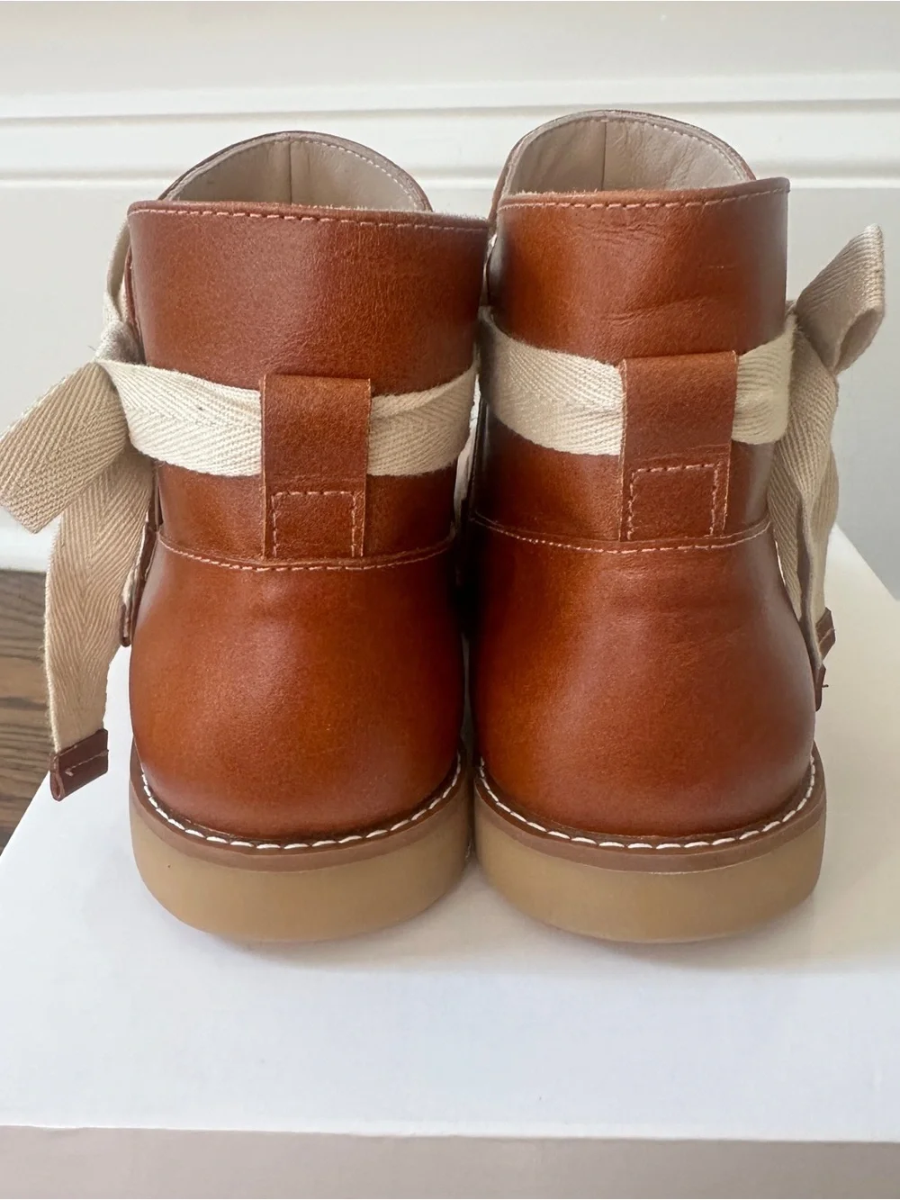 Elephantito Brown Kids Leather Ankle Boot Sunny Bootie with Cream Bow 3